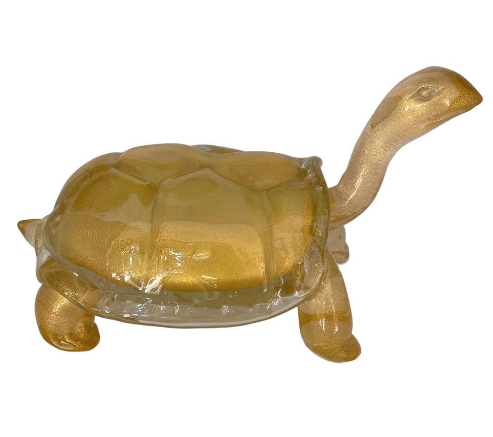 Giant Murano Glass Golden Turtle: What a beautiful and large turtle! Hand-formed by the Glass Masters of Murano, this piece features a heavy infusion of 24K gold powder. An incredible piece to enhance the decor of any home. Measures 9