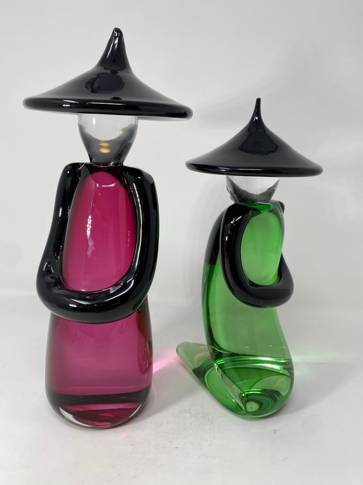 Chinese Figurines from Murano: Gorgeous pair of Chinese made in Murano by Roberto Beltrami. Price is for the pair. One is 10" tall and the other is 9" tall.