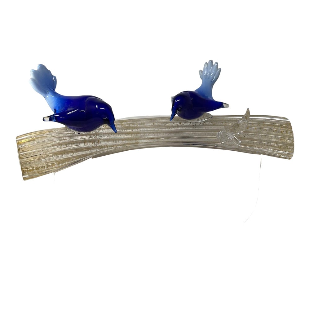 Murano Glass Bluebirds on a Branch: This lovely pair of bluebirds was handmade by the glass masters of Murano, Italy. Beautiful deep blue coloring with gold infused glass. Measures 15 inches wide.