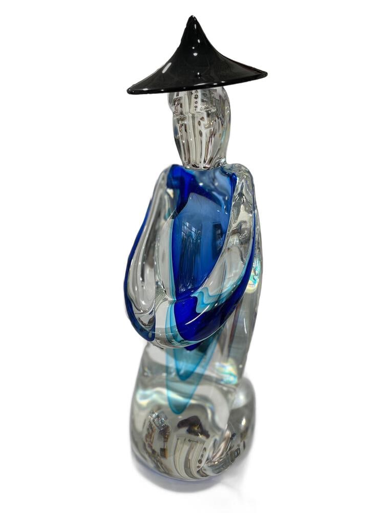 Giant Murano Glass Chinese Figurine in Sommerso: Beautiful Blue Sommerso Chinese Figurine. This is one of the largest made, measuring 15.5" tall! In perfect condition and ready for your collection.