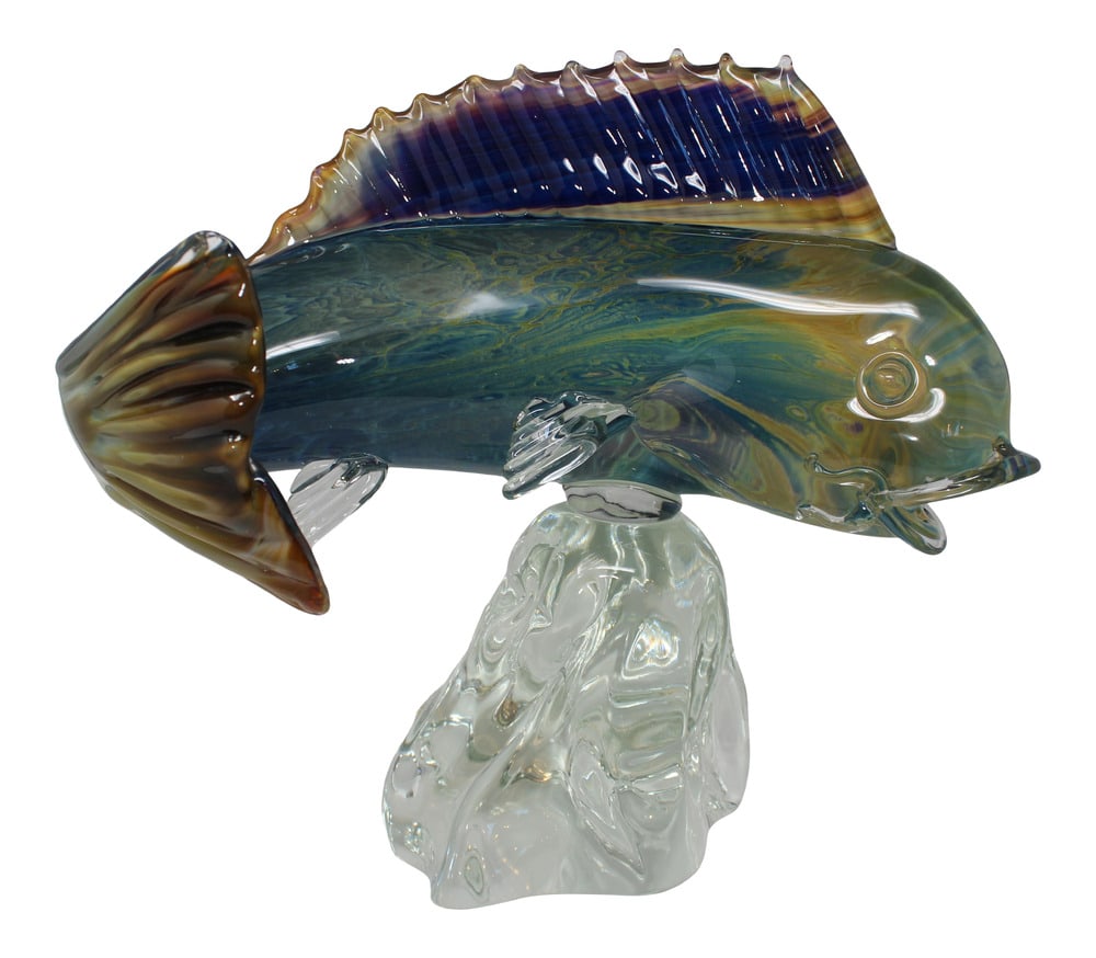 Giant Murano Glass Fish by Oscar Zanetti: Oscar Zanetti is one of Murano's greatest Glass Masters. This beautiful large fish is a prime example of his exquisite work. Made using the Calcedonia method. Signed and guaranteed to be authentic Mur