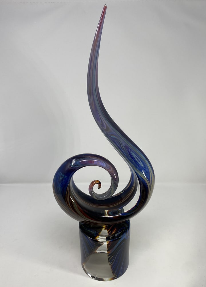 Nodo Curl Sculpture from Murano, Italy: Lovely Murano Glass contemporary sculpture by one of Murano's top Glass Masters. Made with calcedonia glass which displays incredible colors, especially when under a spotlight. Signed. Measures 20.5"