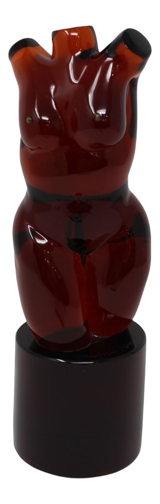 Female Sculpture From Murano by Signoretto: Hand formed by noted glass master Martino Signoretto, Murano, Italy. Beautiful deep coloring. signed. 10" tall.