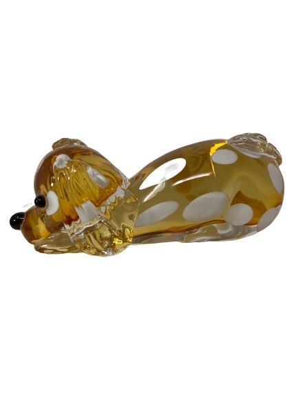 Murano Glass Puppy Amber Dog: Beautiful amber Murano Glass dog by one of Murano's top furnaces. Signed. Measures 10.5” long!