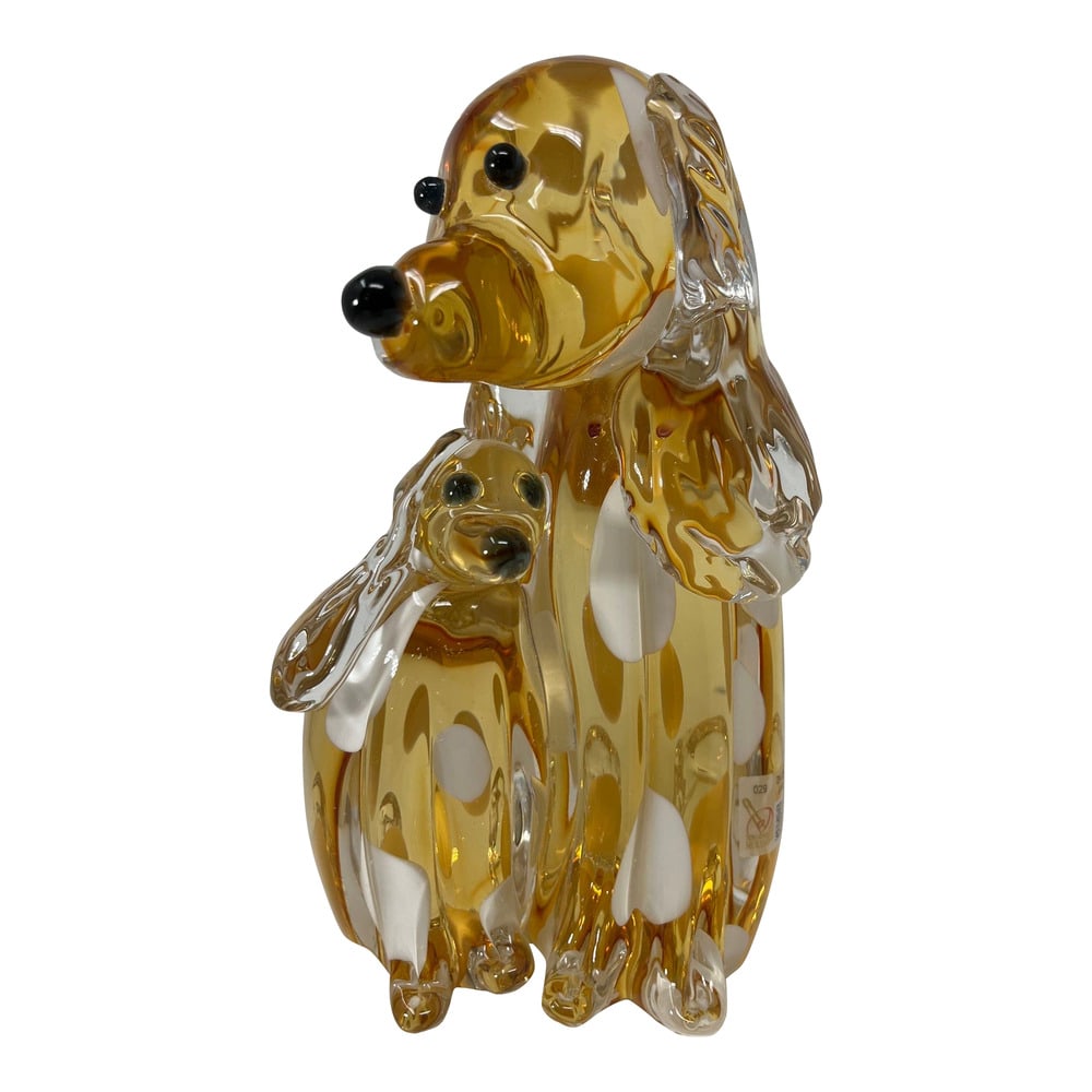 Murano Glass Puppy Amber Dog and Puppy: Very cute amber Murano Glass dog and pup by one of Murano's top furnaces. Signed. Measures 9” x 6”.