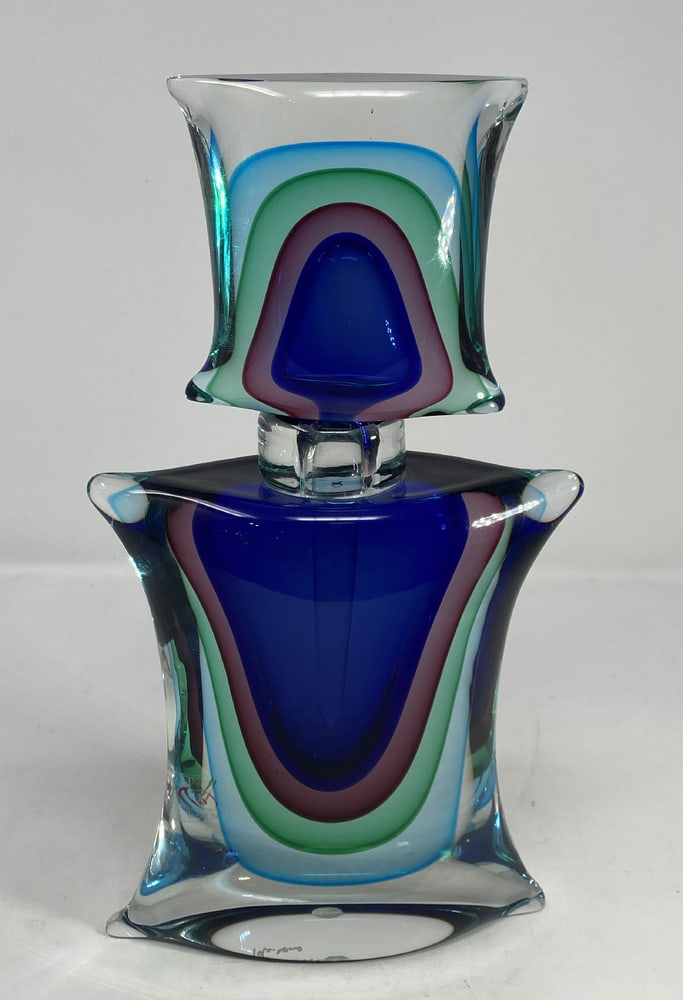 Murano Glass Perfume Bottle with Stopper: Gorgeous Murano Glass Perfume Bottle with Stopper, created by the famous Oball Furnaces. Signed. Made using the Sommerso method. Spectacular colors. Measures 11" high.