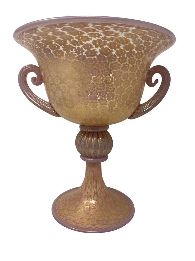Millefiore Glass Urn: Lovely Millefiore Glass Urn Vase. Beautiful, nearly opalescent pink coloring. A very impressive piece for any room. Measures approximately 13" tall. Unsigned.
