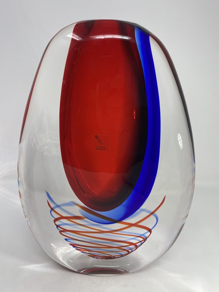 Sommerso Spirale Murano Glass Vase: Fantastic Sommerso styled Murano Glass Vase by the furnaces of Oball. Signed. Great intense coloring of red and blue along with spirals to give the piece character. Measures 13" x 9".
