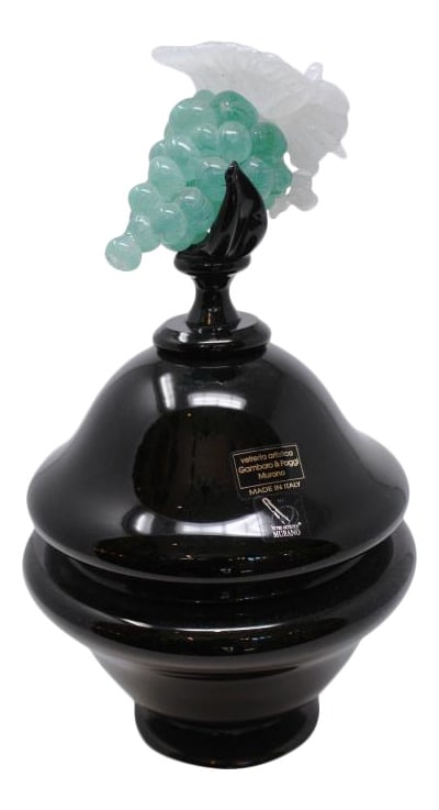 Gambaro & Poggi - Murano Grape Urn With Lid: Stunningly beautiful Urn with grape sculptured lid. The grape cluster is painstakingly created by Glass Master Gambaro. Signed. A taller, matching piece is available under a separate lot. 12.5" tall.