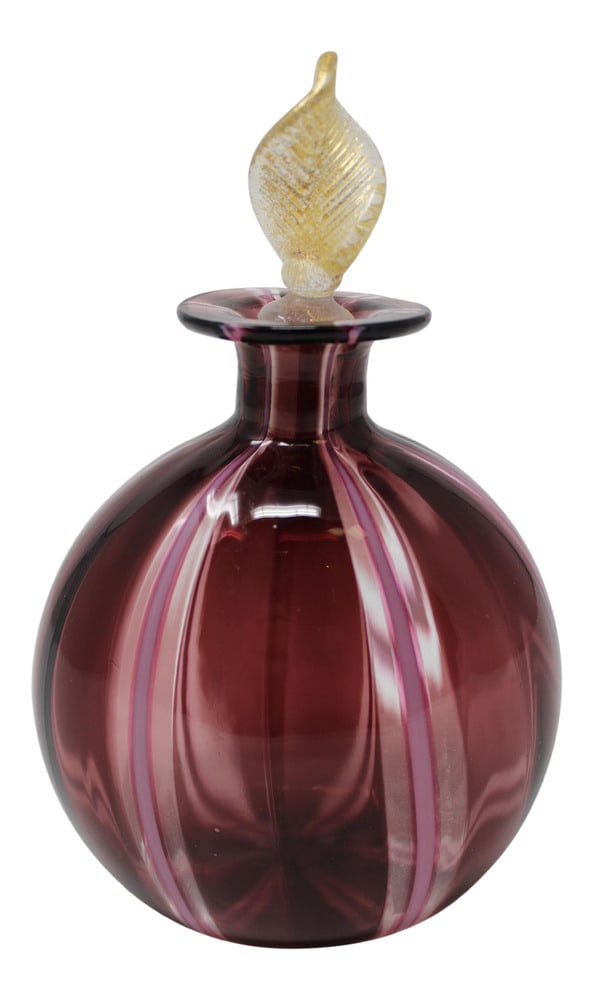 Murano Glass Vase With Stopper: This is a very beautiful small vase from Murano with latticino glass in a purple/violet color. Stopper is made with 24k gold infused glass. Made in the furnaces of Tommasi.