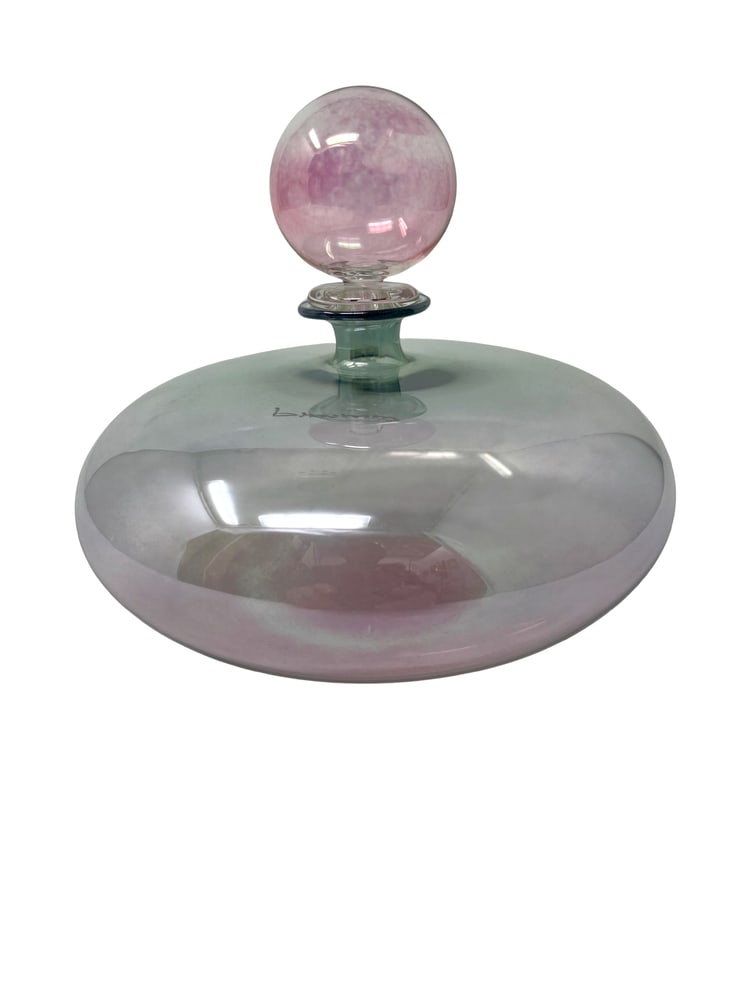Lovely Pink Murano Vase with Stopper: Very lovely and delicate Murano Glass Vase with stopper. Created at the furnaces of La Murrina. Light as a feather and signed. A beautiful accent piece. A second matching piece, with slightly differen