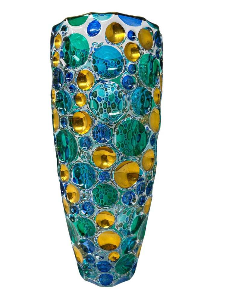 Wonderful Venetian Glass Centerpiece Vase: This lovely vase features incredible colors and it would be a wonderful addition to any room. Handcrafted in Italy of fine cut crystal and beautifully hand painted by master Venetian artisans in a rai