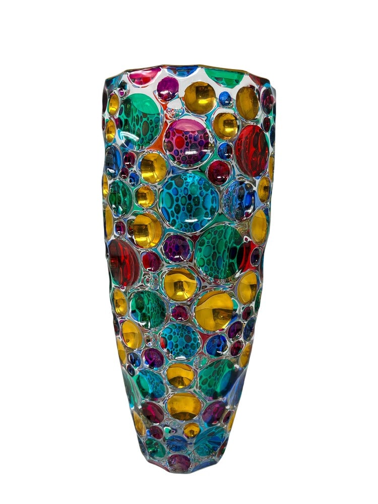 Gorgeous Venetian Centerpiece Vase: This lovely vase features incredible colors and it would be a wonderful addition to any room. Handcrafted in Italy of fine cut crystal and beautifully hand painted by master Venetian artisans in a rai
