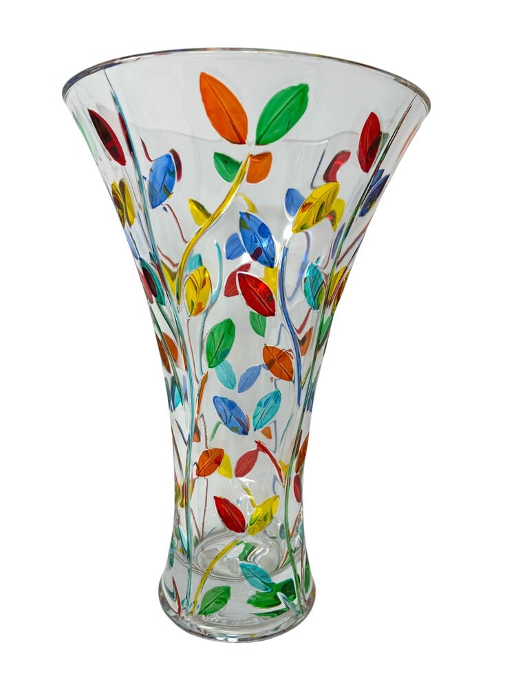 Gorgeous Venetian Centerpiece Vase: This lovely vase features incredible colors and it would be a wonderful addition to any room. Handcrafted in Italy of fine cut crystal and beautifully hand painted by master Venetian artisans in a rai