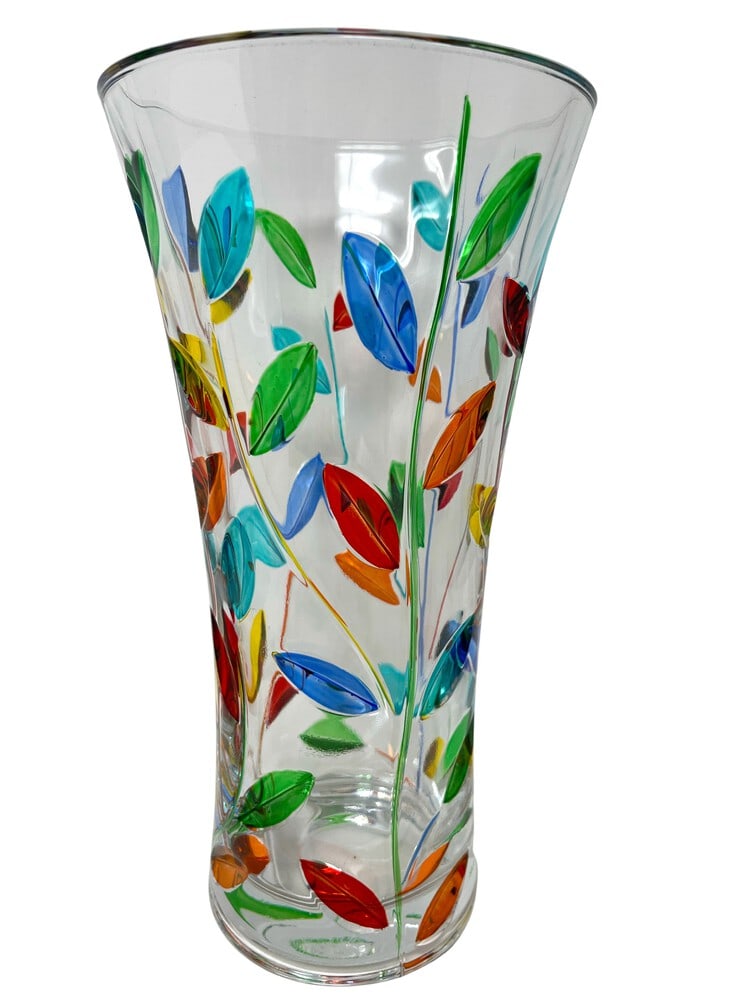 Gold Trimmed Venetian Vase: This lovely vase features incredible colors and it would be a wonderful addition to any room. Handcrafted in Italy of fine cut crystal and beautifully hand painted by master Venetian artisans in a rai