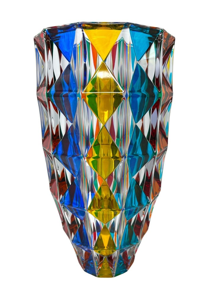 Spectacular Venetian Centerpiece Vase: This lovely vase features incredible colors and it would be a wonderful addition to any room. Handcrafted in Italy of fine cut crystal and beautifully hand painted by master Venetian artisans in a rai