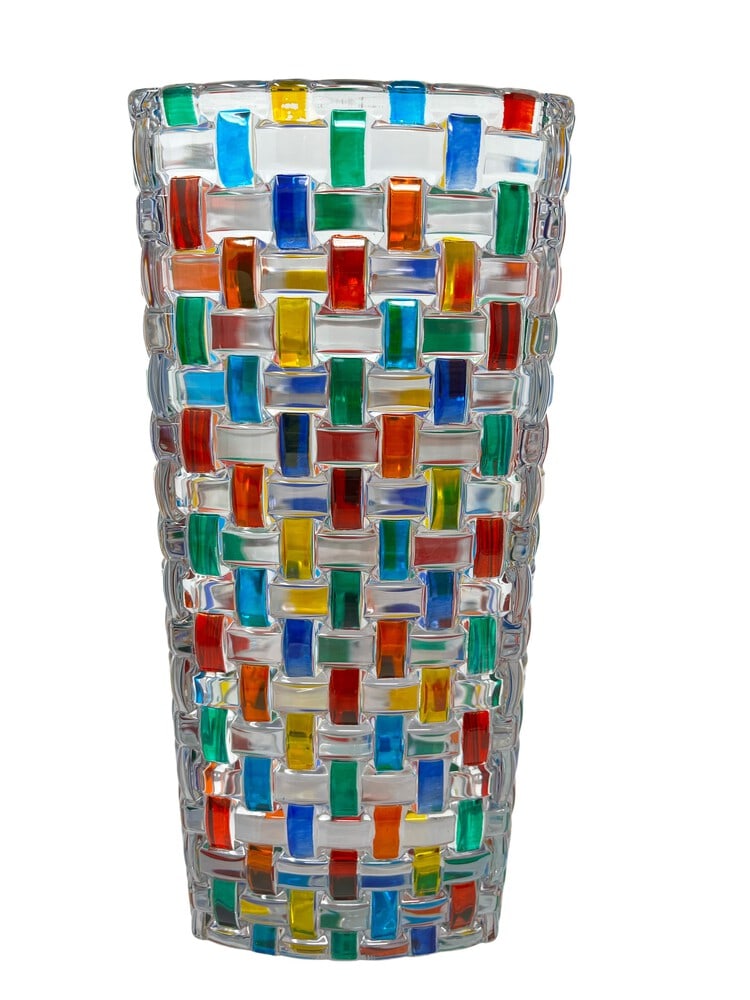 Gorgeous Venetian Centerpiece Vase: This lovely vase features incredible colors and it would be a wonderful addition to any room. Handcrafted in Italy of fine cut crystal and beautifully hand painted by master Venetian artisans in a rai