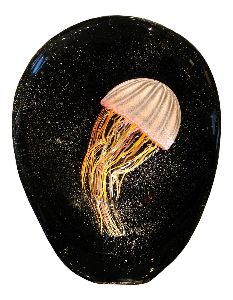 Murano Glass Jellyfish Aquarium by Costantini: This incredible aquarium was hand made by noted Glass Master Diego Costantini of Murano, Italy. His work is certified and guaranteed to be authentic Murano Glass. This monumental piece measures 11.5"