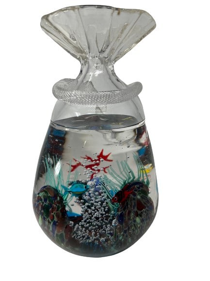 Large Fish in a Bag Murano Glass Aquarium: Stunning Murano glass Aquarium, handmade by one of the top glass masters in the world. Signed. Measures 11 inches tall and is very heavy. Beautiful colors. Signed.