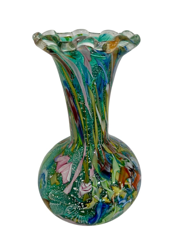 Vintage Tutti Frutti Murano Vase: This Lovely Murano glass vase is very old and is in beautiful mint condition. Made in the tutti-frutti style. Great coloring and lovely in any room. Measures 11 inches tall.