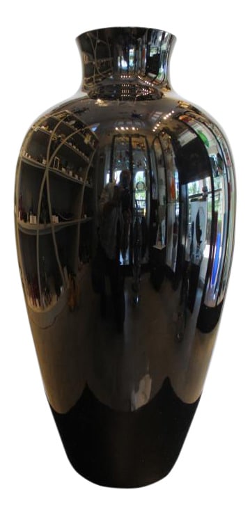 Large Black Opalino Vase by Venini: Classic Large Vase by the Venini furnaces in Murano. Elegant lines in a deep black color. Signed. Current International pricing for this vase is over $1,500.