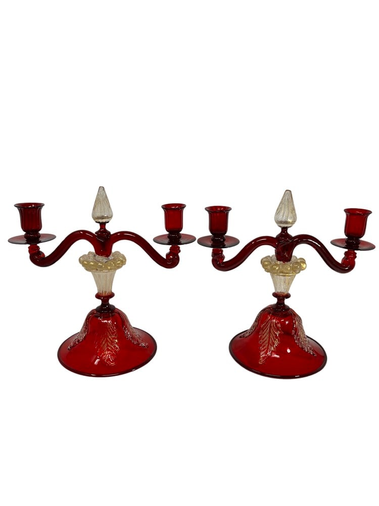 Vintage Red and Gold Murano Glass Candelabras: Attributed to Salviati. Gorgeous deep red color with gold accents. Incredible condition with this vintage piece. Measures 9.5” x 10”.