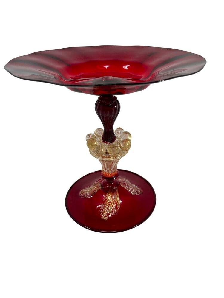 Vintage Red and Gold Murano Glass Compote: Attributed to Salviati. Gorgeous deep red color with gold accents. Incredible condition with this vintage piece. Measures 7.5” x 7.5”.