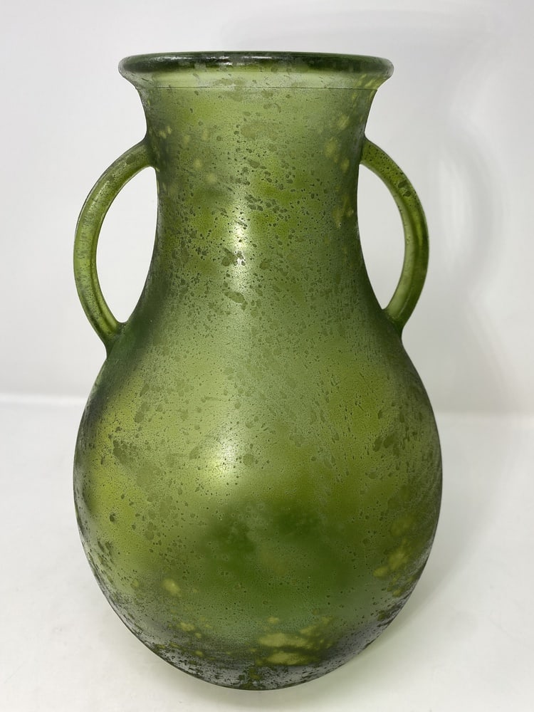 Vintage Amphora Scavo Vase: This lovely piece is believed to be Murano Glass, but there are no markings to be found. Beautiful scavo green coloring. A great accent piece measuring 13" high.