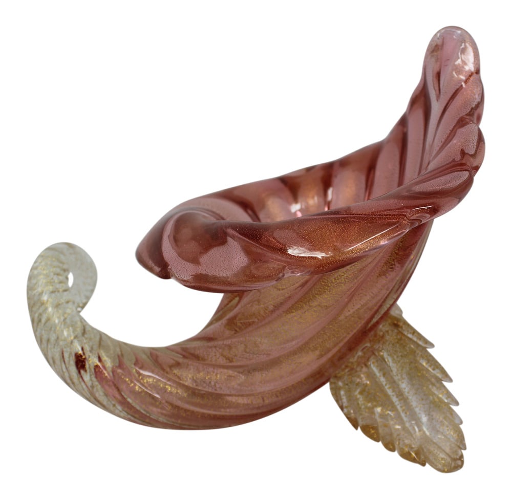 Cornucopia Vintage Murano Glass by Seguso: Lovely piece attributed to Seguso. Highly collectible and rare. In perfect condition! Beautiful pink color.