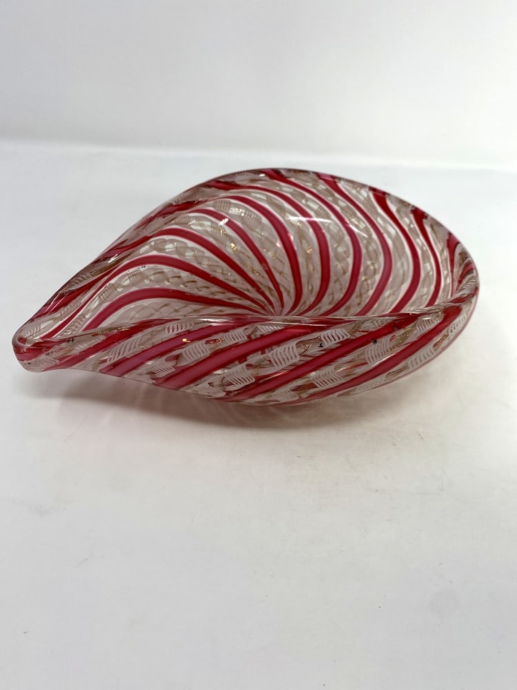 Vintage Avventurine Murano Glass Candy Dish: Very unusually shaped example of vintage Murano Glass. Beautiful color and detail with avventurine gold accents. Measures 8.75" x 6.75".