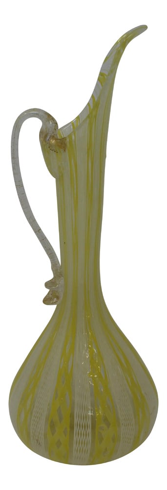 1950s Yellow Murano Glass Pitcher: Very rare color of vintage Murano Glass. This beautiful yellow example of Filligrana is an ideal accent piece, but also a highly collectible piece of glass.