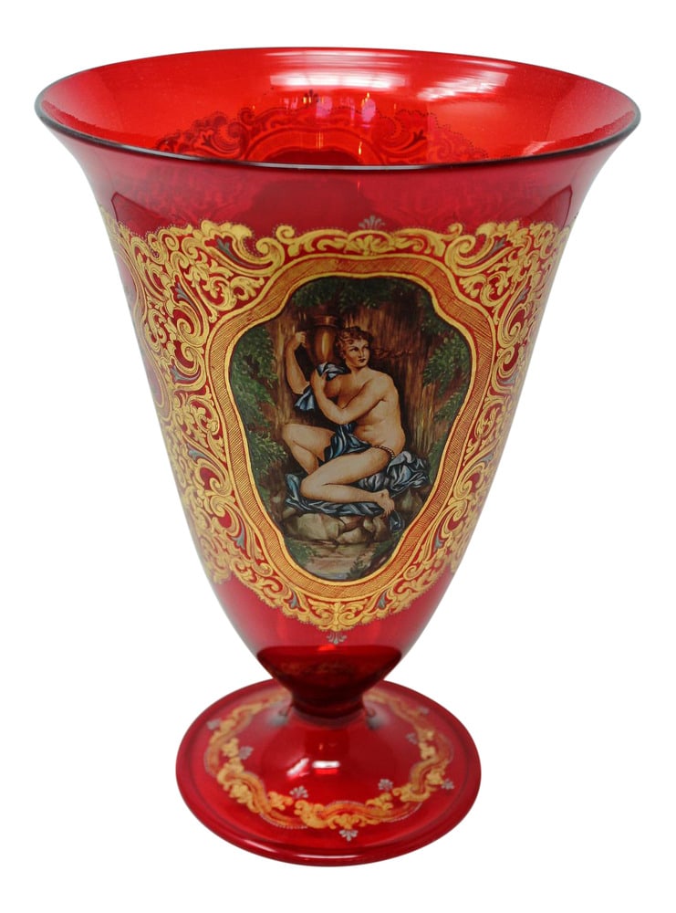 Vintage Venitian Enameled Vase: Impressive Antique Venetian vase with two lovely enameled paintings of women. In great condition. A great decorative or collector's piece.