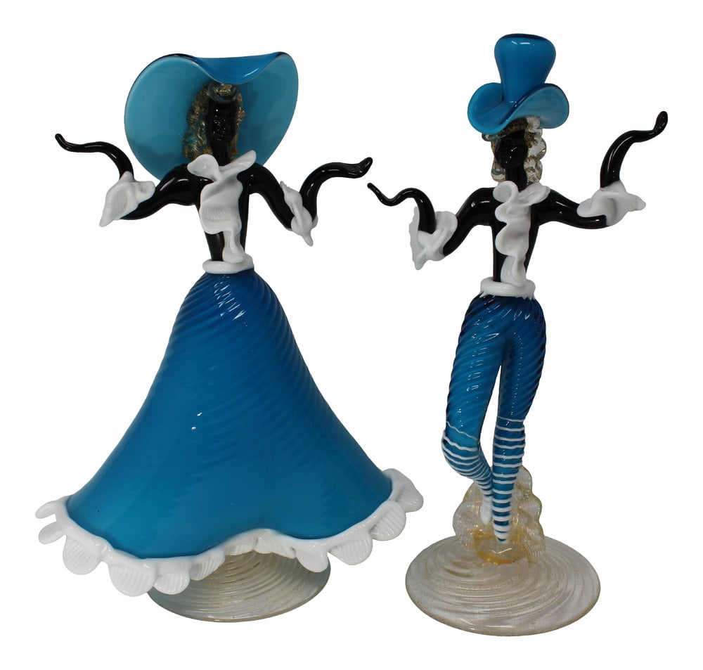 Vintage 1960s Murano Glass Goldoni Dancers - a Pair: Very unusual and beautiful vintage Murano Glass Goldoni Dancers sculptures. Features 24K gold powder infused into the glass. Each measures 11" high. Price is for the pair.
