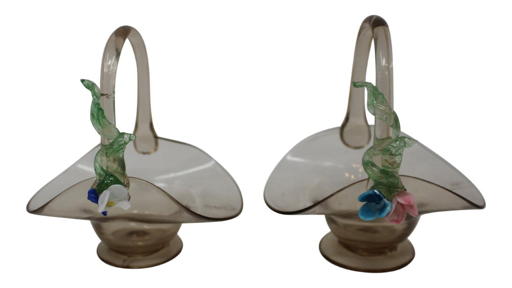 Vintage Antique Murano Glass Baskets: This pair of miniature Murano Glass baskets are approximately 100 years old. Minor loss to petals of flowers, but good condition for age. Very rare!