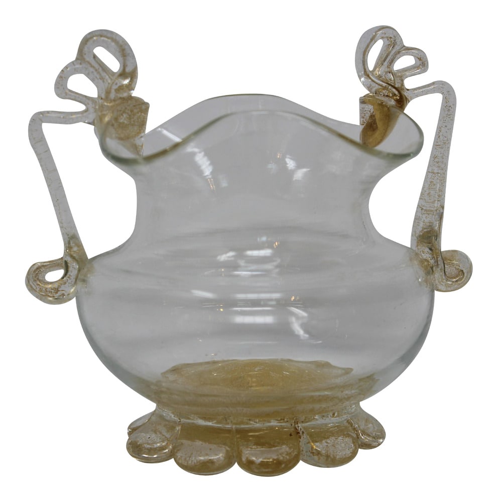 Vintage Murano Glass Sugar Bowl: This is a very old and lovely sugar bowl with 24K gold powder infused into the glass. In perfect condition. A matching creamer is available as Lot 46.