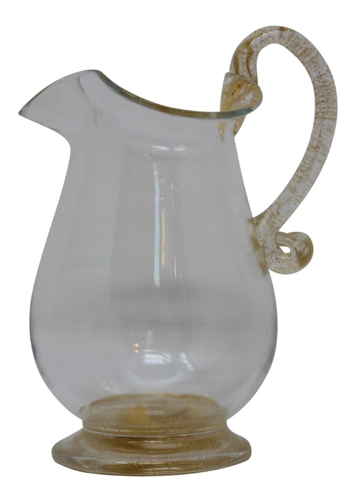 Vintage Murano Glass Creamer: This is a very old and lovely Creamer with 24K gold powder infused into the glass. In perfect condition. A matching sugar bowl is available as Lot 42.