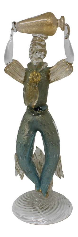 1950s Murano Glass Figurine: Very cute older piece of Murano Glass, featuring a server carrying an amphora of wine. 13" tall.
