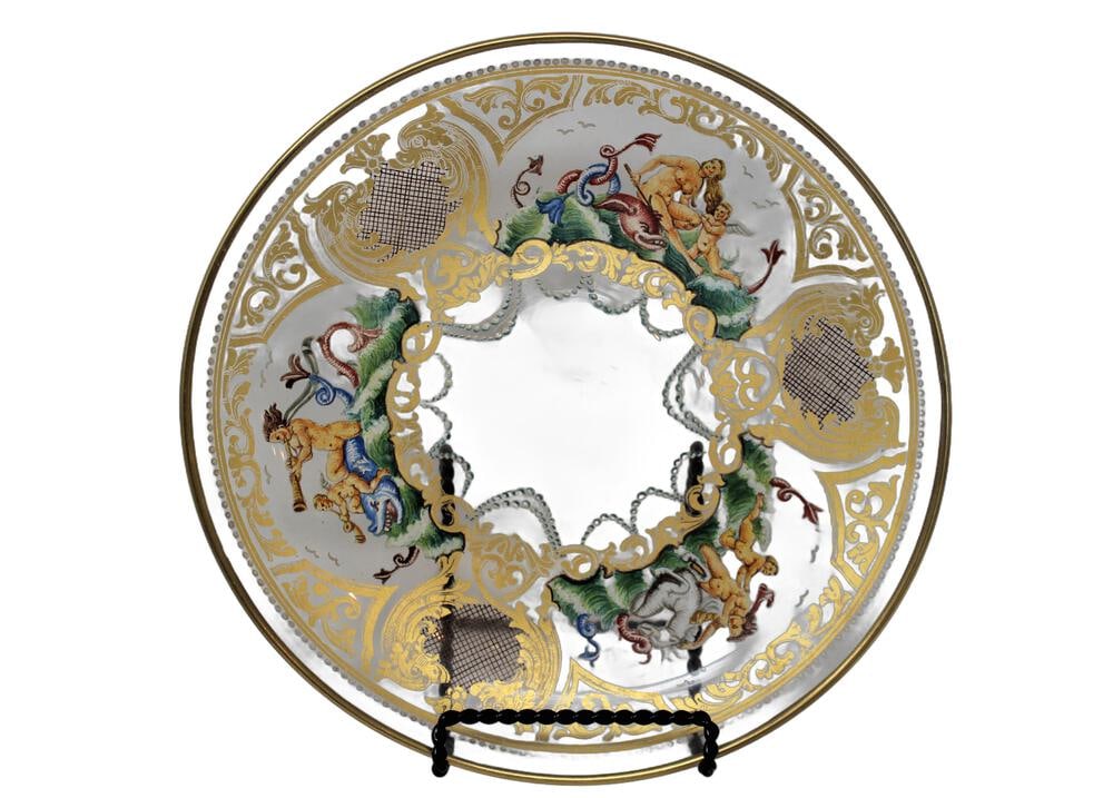 Antique Murano Glass Enameled Dishes - Set of 6: This very old set of 6 dishes are handblown and enameled with beautiful scenes. Also includes gold-infused glass. A very rare collectible set of Murano Glass!