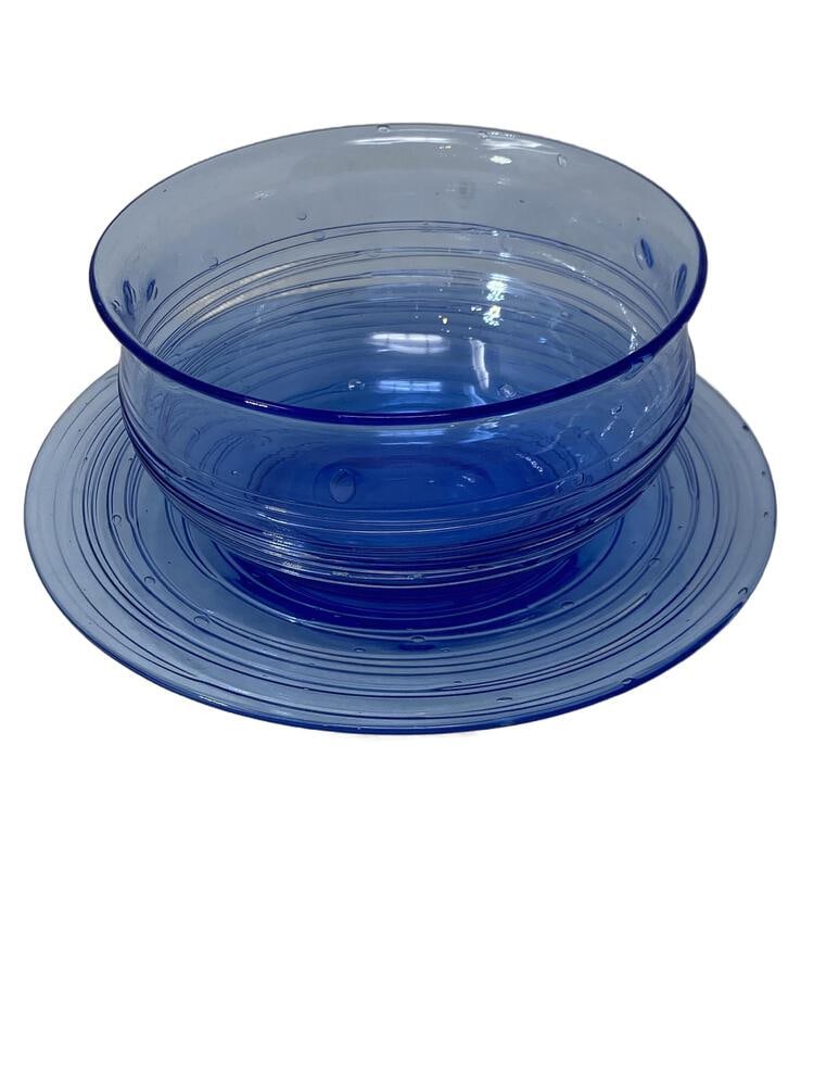 Vintage Bowl and Saucer from Murano: Nicely designed vintage bowl and saucer that was made in Murano, Italy. Beautiful blue color. Measures 6" across.
