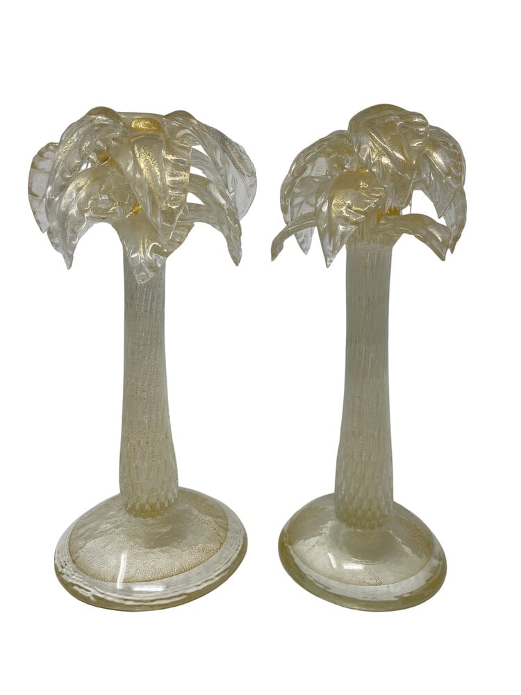 Gold Palm Tree Candle Holders: These lovely candle holders are made with 24K gold dust infused into the glass. They appear to be from Murano but there is no signature to determine their origin. Measuring 14" tall, they would be