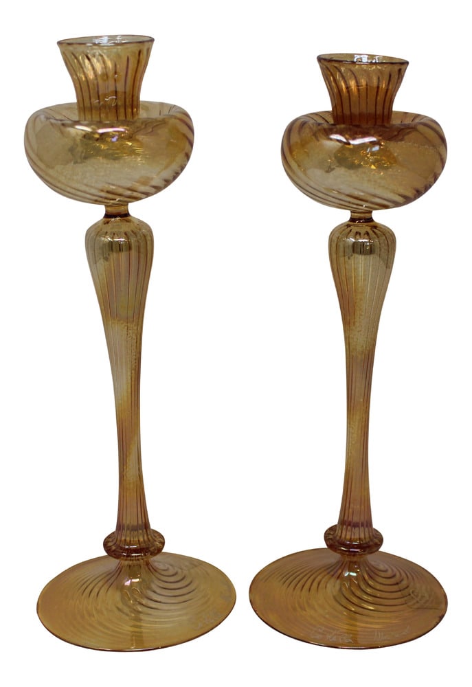 Contemporary Murano Candle Holders by Ballarin - a Pair: This lovely pair of candle holders were hand-formed by Murano Glass Master Ballarin. These are very light and beautiful. Also available in a purple color (separately listed). 10" tall.
