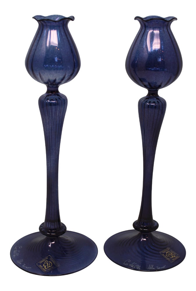 Contemporary Murano Candle Holders by Ballarin - a Pair: This lovely pair of candle holders were hand-formed by Murano Glass Master Ballarin. These are very light and beautiful. Also available in a gold/amber color (separately listed). 10" tall.