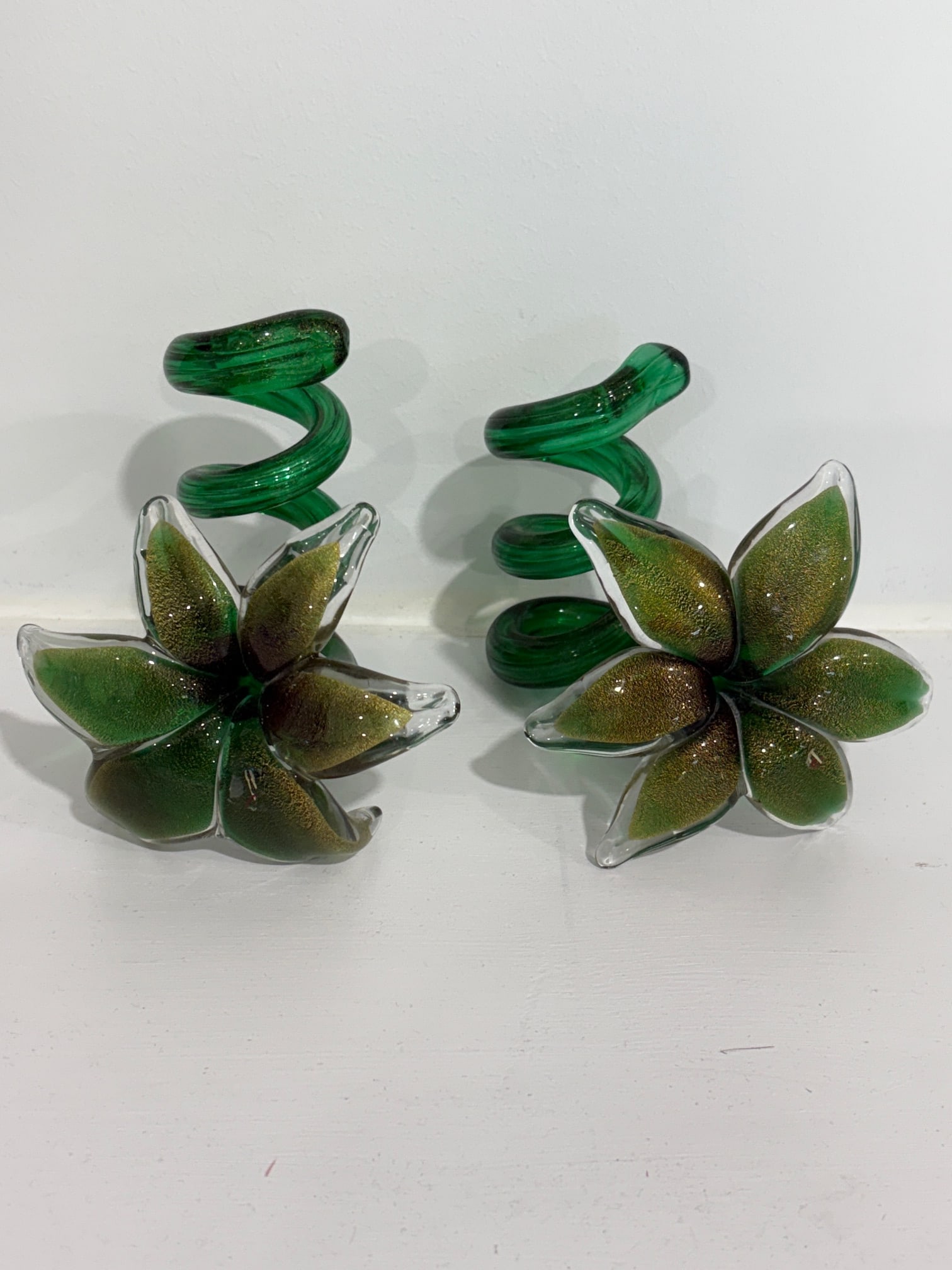Green Murano Glass Candle Holders - a Pair: From the furnaces of Glass Master Gambaro, one of Murano's finest artists. These candle holders can be placed upright to hold candles, or you can lay them on their side as a decorative piece.