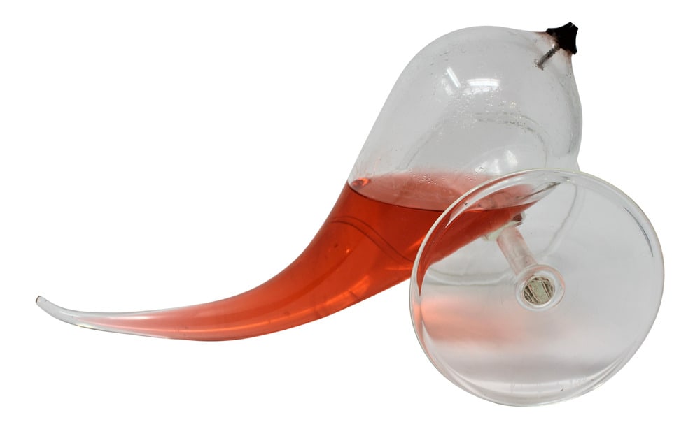 Murano Glass Oil Lamp by Fornasier: Very unusual and highly collectible oil lamp that was made in the furnaces of Murano, Italy. Probably the only one in the world! Created by the Fornasier furnaces. Measures 15" wide.