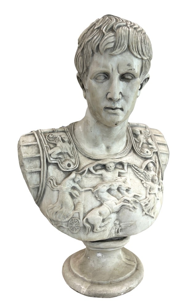 Bust of Caesar: This lovely bust of Caesar that appears to be made of plaster and is in excellent condition. Life-size, measuring 24" tall x 17" across. This is a high-quality statement piece for any home.