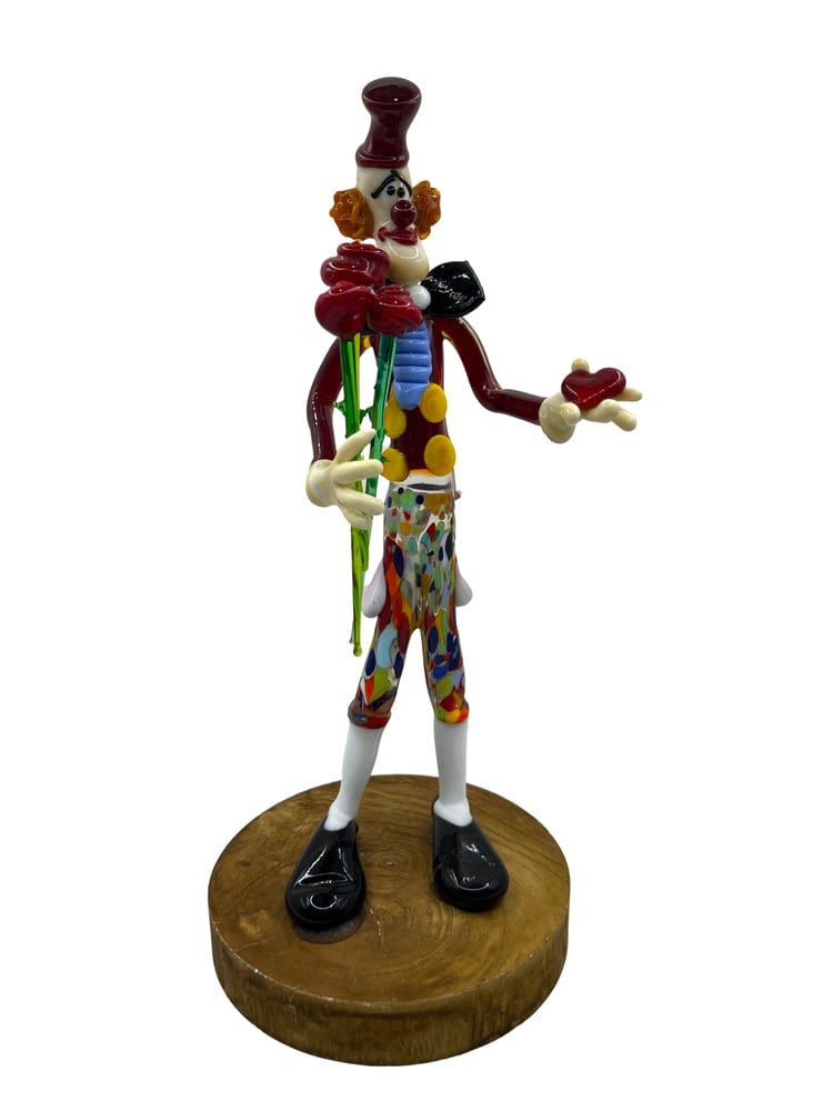 Murano Glass Valentine's Day Clown: Murano Glass Clown Figurine by Renowned Glass Master Tommasi. Add a touch of whimsy and elegance to your home decor with this exquisite Murano glass clown figurine, expertly crafted by one of the