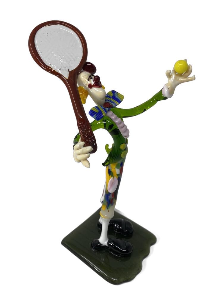 Murano Glass Tennis Player Clown: Murano Glass Clown Figurine by Renowned Glass Master Tommasi. Add a touch of whimsy and elegance to your home decor with this exquisite Murano glass clown figurine, expertly crafted by one of the