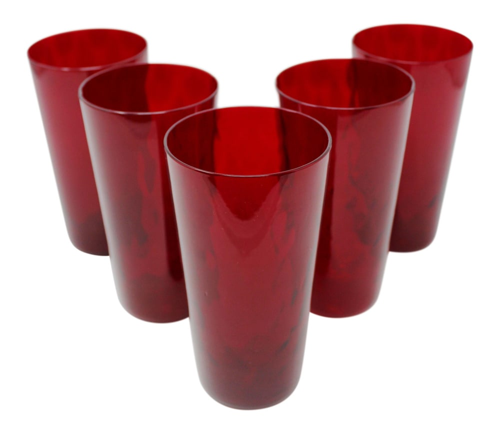 Set of 5 Bicchieri Carnevale Red Water Glasses by Venini of Murano: Venini International in Murano is one of the most reputable and collectible lines of glass in Italy. This set of 5 beautiful glasses are all signed and dated. Measure 6" tall.