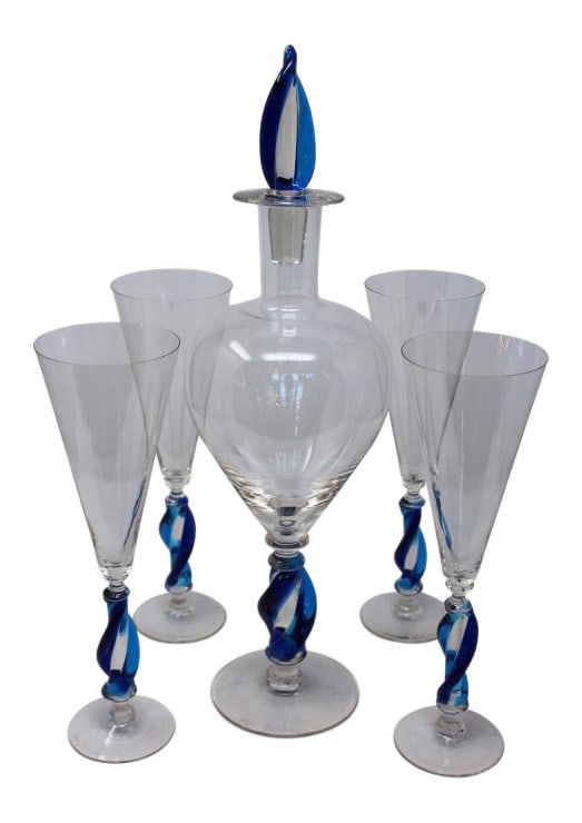 Vintage Stemware by Cenedese: Lovely set of 4 wine glasses, and decanter with stopper. Beautiful aqua coloring on trim. Hand formed by well known Cenedese of Murano. Each piece is signed. Carafe is 17" tall!