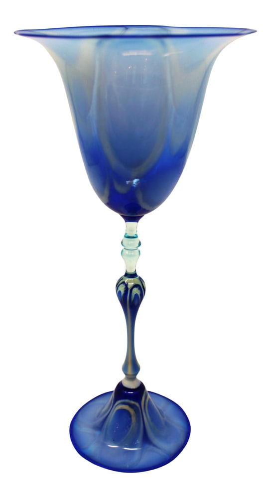 Contemporary Murano Glass Chalice by Igor Balbi: Igor Balbi is a Glass Master in Murano that creates the finest chalices in the world. Each piece is one of a kind. This piece is a beautiful blue color and features incredible accents and details.